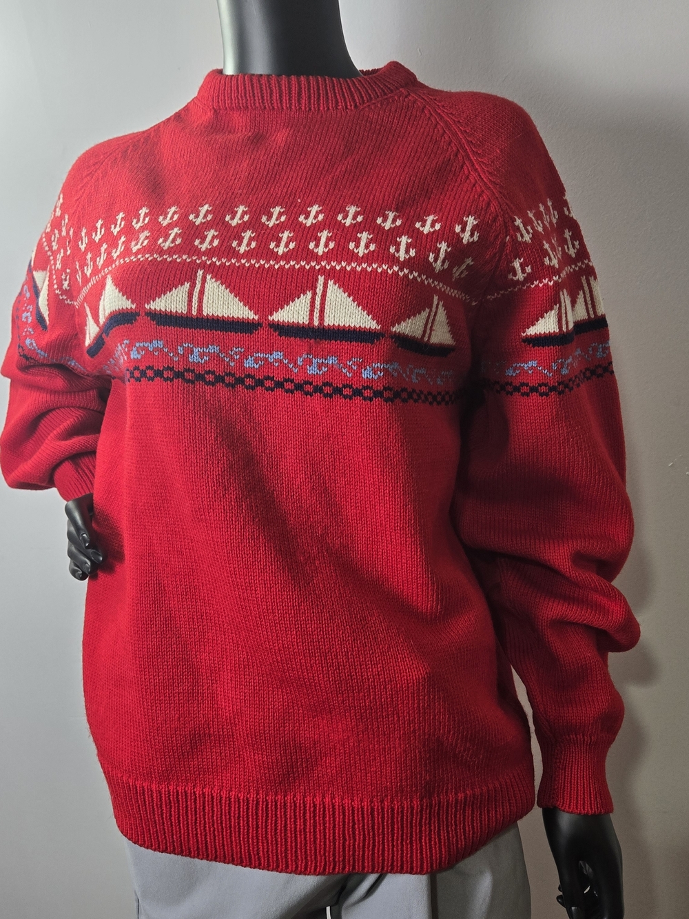 Men's 100% Wool Red Nautical Crewneck Sweater - Picture 5 of 11